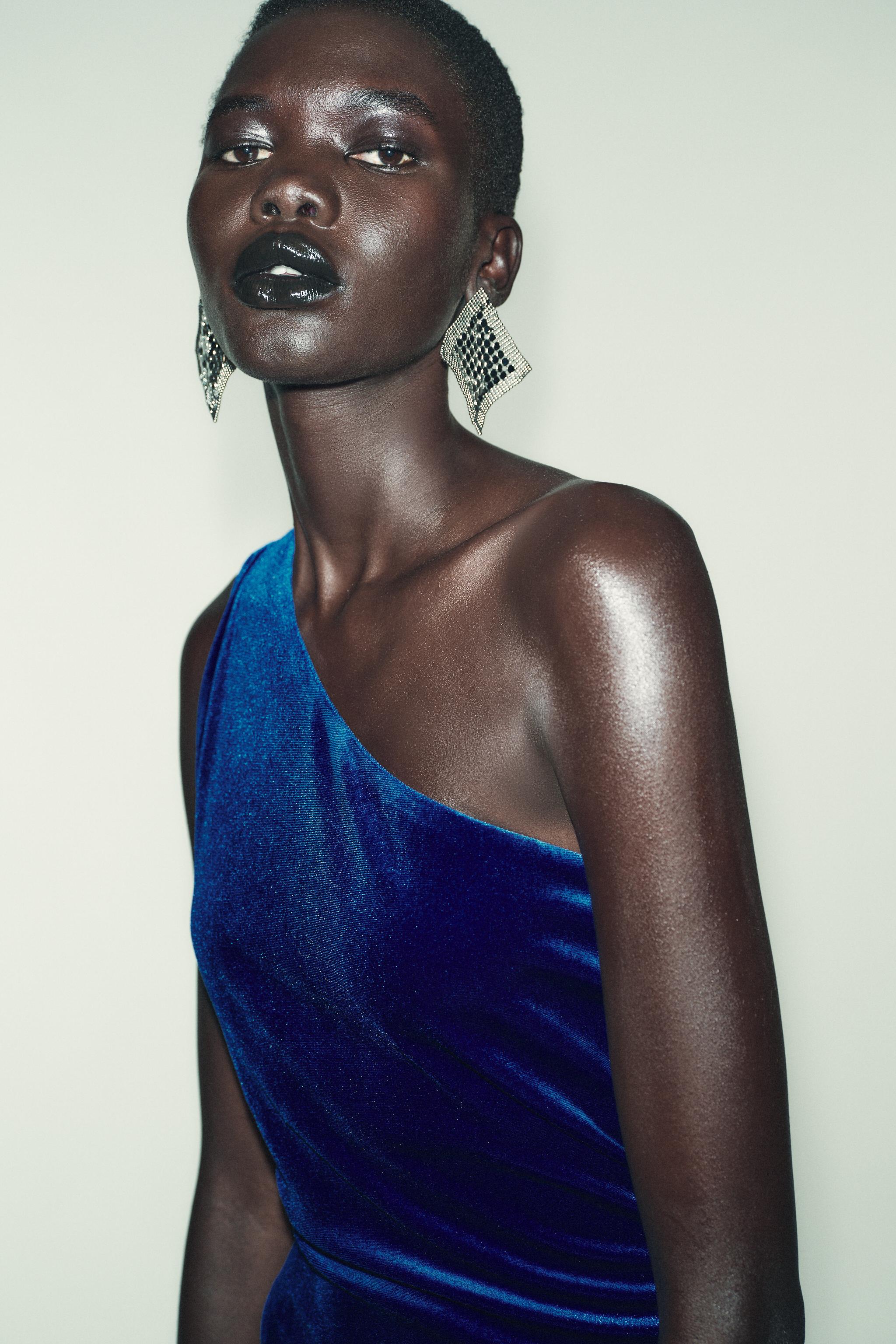 ASYMMETRIC VELVET MIDI DRESS